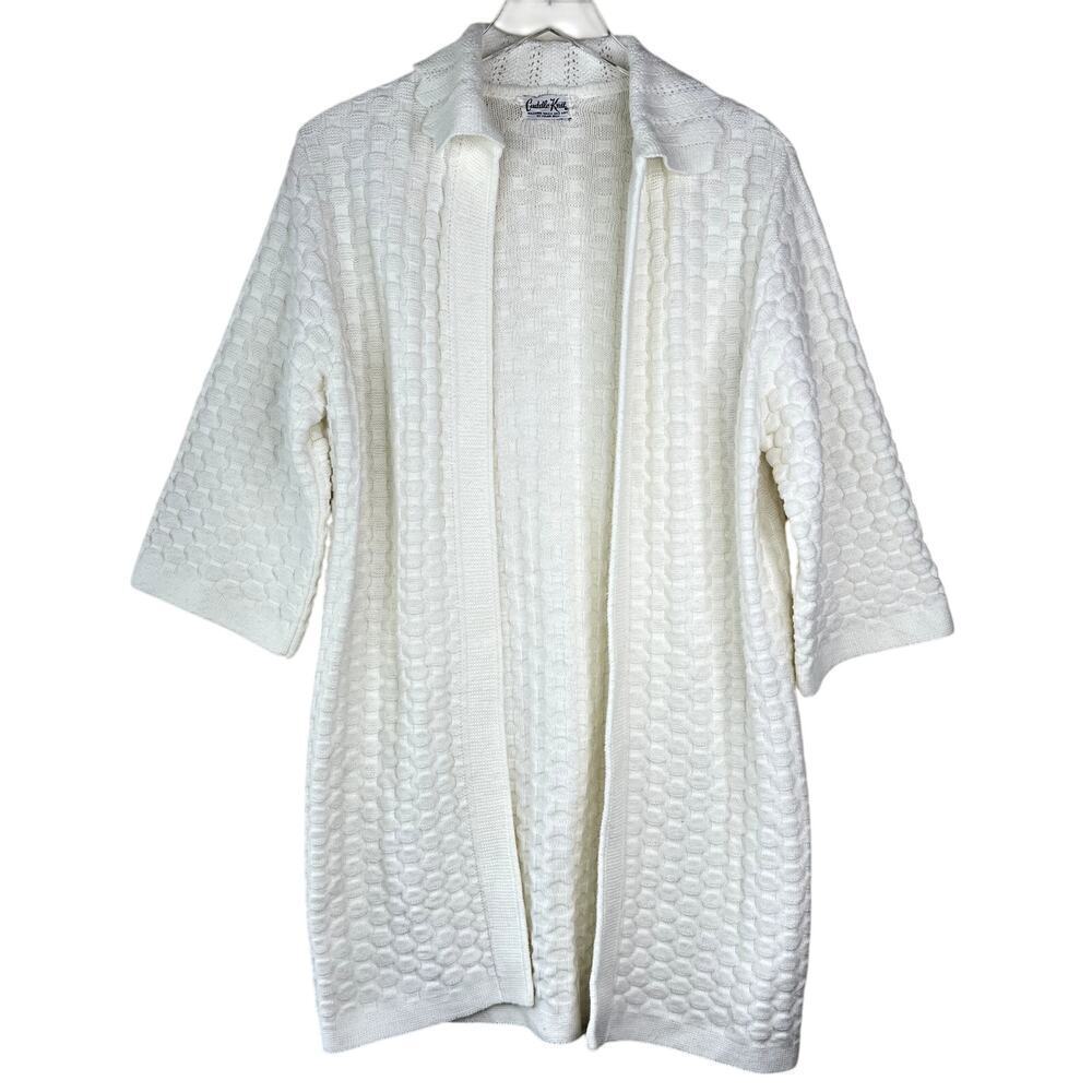 Vintage Cuddle Knit Basketweave Long Open Front Cardigan Sweater Half Sleeve